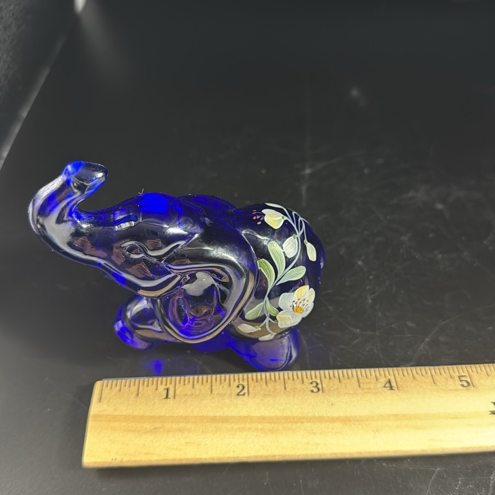 Fenton Cobalt Blue Glass Elephant Figurine with Hand Painted Floral Design - Picture 6 of 6